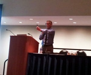 Richard Ivry demonstarting the prism glasses effect at the APA 2014 meeting; credit: Lisa M.P. Munoz
